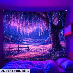 2d Flat, 2d Flat Blacklight Glow in The Dark Tapestry, Neon Willow Trees and Wooden Fences Design, Wall Hanging for Bedrooms, Living Rooms, and Offices. Game Room Decor, Festive and Party Decor, College Dorm Decor, 2d Flat
