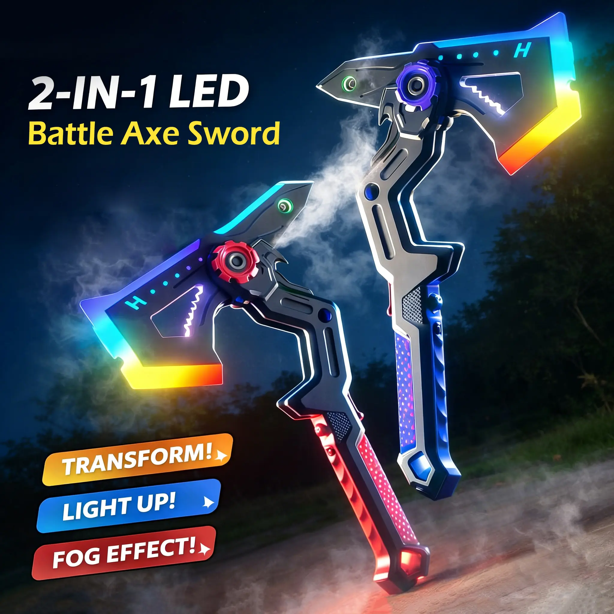 VKK RGB LED Transforming Axe Sword Toy, 1PC/2PC Combinable Light Up Saber with Mist Spray, 1-Button Switch, Collision-Activated Sound, Type-C Rechargeable, Ideal Gift for Toy Swords & Sabres Enthusiasts