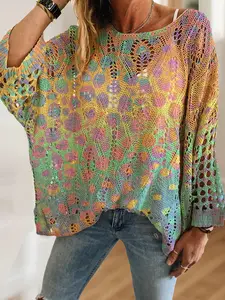 Women's Gradient Colorblock Ombre Long Sleeve Knit Knitted Hollow Out Top, Casual Elegant Vacation Style Sweater Pullover, Valentine's Day Knitwear, Plus Size, Spring