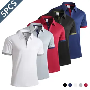 Set of 5 men’s summer striped short-sleeve polo shirts—fashionable, casual, short-sleeved collared polos that are perfect for summer wear, suitable for business, golf, and tennis training.