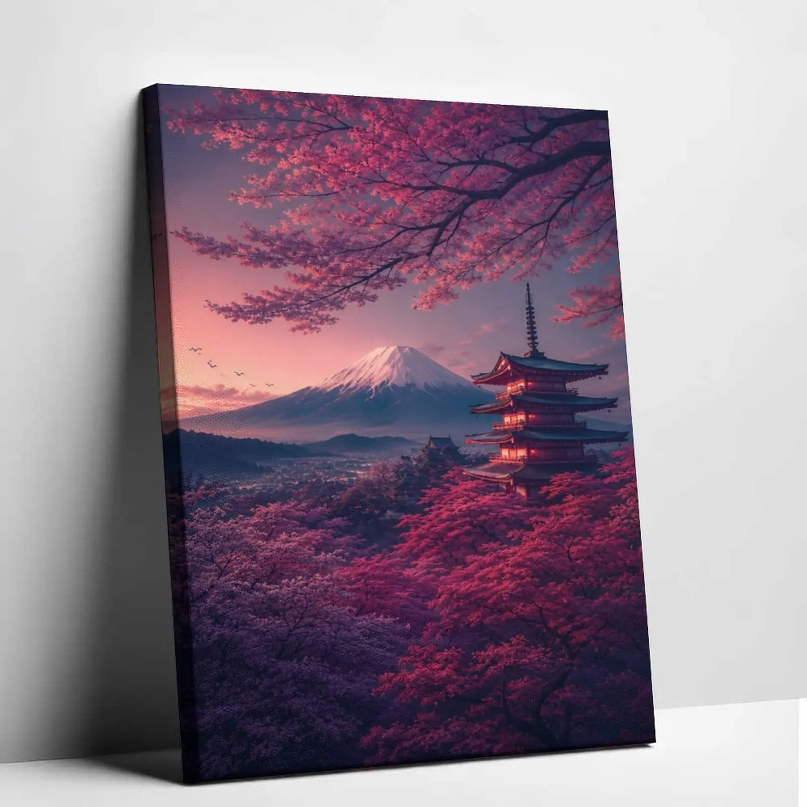 Japanese Sakura Landscape Canvas Wall Art - Mount Fuji & Pagoda Poster Print, Waterproof Pink Sunset Anime-Inspired Wall Decor for Bedroom, Living Room & Gaming Setup