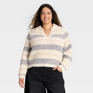 Women's Long Sleeve Chunky Polo Collar Pullover Sweater - Universal Thread White/Navy Striped 3X