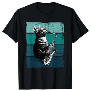 Vintage Cat Saxophone Pattern T-Shirt - 100% Cotton, Suitable for Casual Wear and Gifts, Machine Washable - Black, Sizes S-XXXL Comfort Wear Graphic Tees Casual Short-Sleeve Classic Cotton Tee Cotton Menswear Fun Shirts