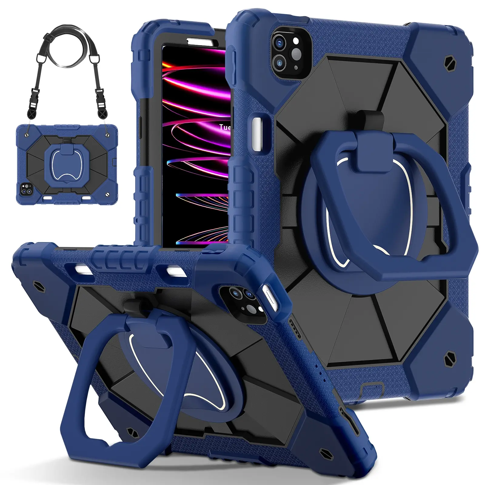 Shockproof Protective Case, Ipad Protective Casing, Tablet Protective Cover for iPad Pro (M5) & iPad (A16) / iPad Air M4 / iPad Mini - Rotating Stand with Pencil Holder & Shoulder Strap - Drop-Proof Cover for Kids/Adults - Navy Blue+Black