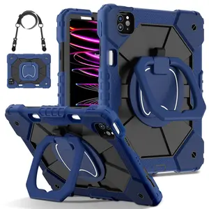 Military-Grade Shockproof Case for iPad Pro (M5) 2025 & iPad (A16) 11th/ iPad Air M4 8th 2026 / iPad Mini - Rotating Stand with Pencil Holder & Shoulder Strap - Heavy Duty Drop-Proof Cover for Kids/Adults - Navy Blue+Black
