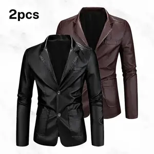 Men's Two Piece Leather Suit Jacket Light Luxury Business Casual Style Single Breasted Fleece Lined Slim Fit with Multiple Pockets for Urban Young Men Daily Commuting winter outfits men