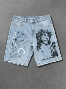 1 Piece Men's Trendy Light Wash Denim Shorts Jesus Thorn Crown Print High Street Streetwear Gothic Casual Summer Shorts for Men Daily Vacation Wear