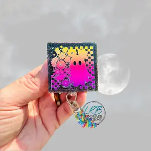Pink Neon Ghost Badge Reel – Halloween Badge Holder – Glitter Retractable ID Holder – Handmade Spooky Fall Gift - Teacher Lanyard - Nurse, Teacher, Office Accessory - Handmade Gift for Teachers, Nurses, & Office Staff