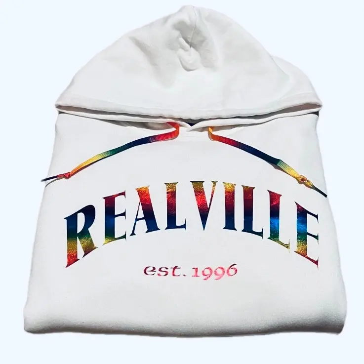 Realville rainbow print pullover hoodies.