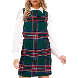Women's Plaid Christmas Dress Mini Sleeveless Round Neck A Line Short Xmas Party Dresses