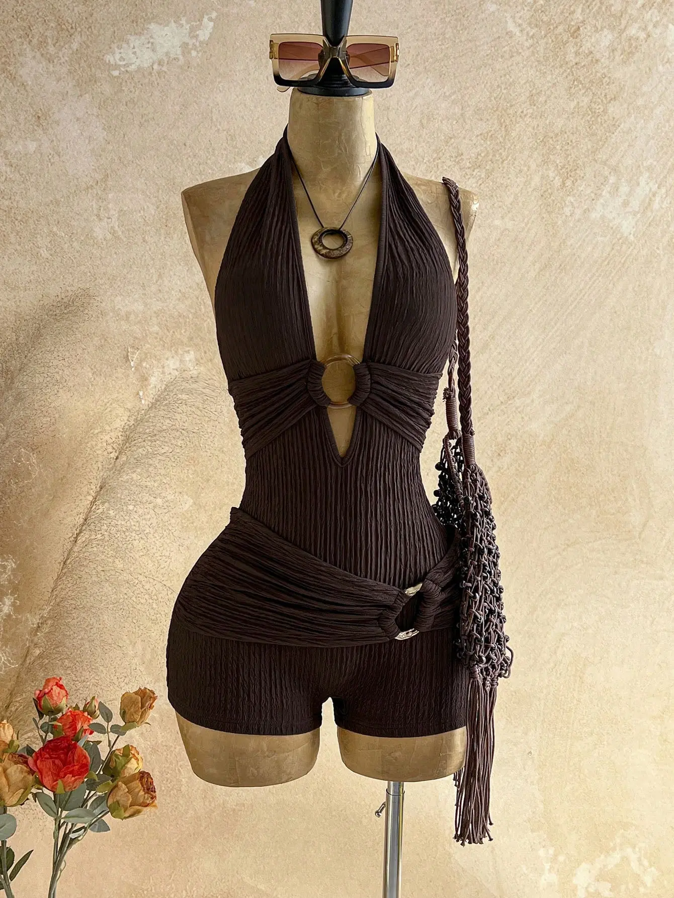 AESS Bohemian Backless Metal Beaded Textured Jumpsuit Shades Of Brown Summer Casual Beach Holiday Vacation Outfit Festival Spring Break