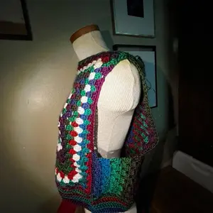 Dark Prism Crochet Pullover Vest - Multicolor Granny Square Design, Soft Knit, Perfect for Layering