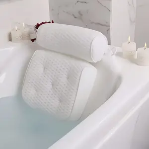 3D Grid Bath Pillow with Neck and Back Support, Quick-Dry Vinyl Bath Mat, 6 Suction Cups and Hooks, Spa Accessories