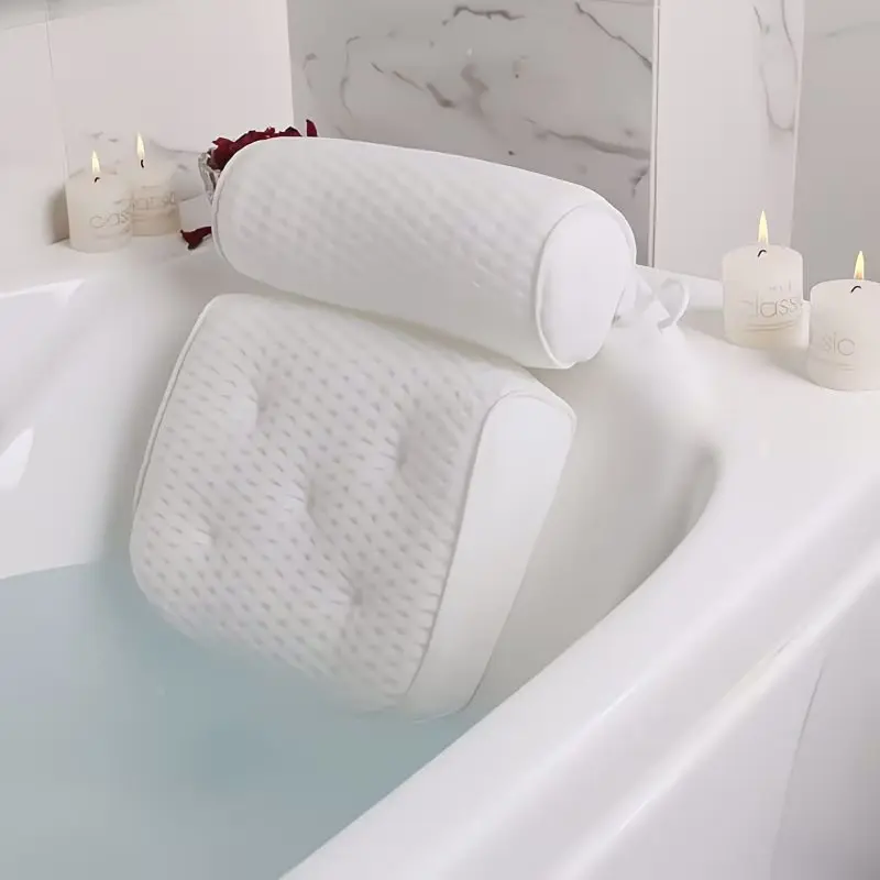 3D Grid Bath Pillow with Neck and Back Support for Bathtub, Quick-Dry Vinyl Bath Mat, 6 Suction Cups and Hooks, Spa Accessories, Modern Bathroom Accessories, Bathroom Necessities