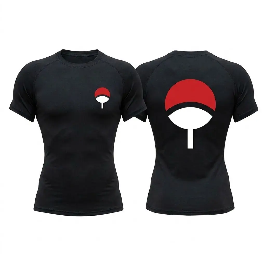 Uchiha Clan Compression Shirt, Black Short Sleeve Mens Rash Guard, Anime Shinobi Cosplay Workout Top, Quick Dry Breathable Base Layer, Bodybuilding Running Fitness Training Gym Tee Gift