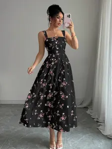 New Arrival Floral Elegant Gathered Waist Pleated Long Dress For Women, Spring/Summer