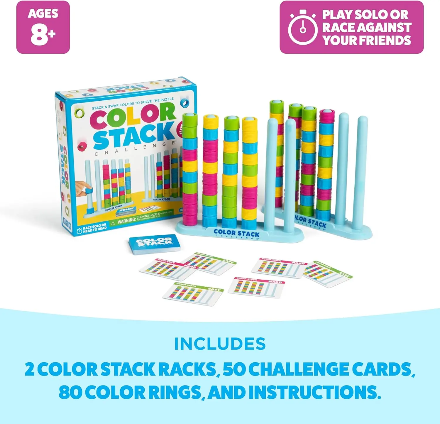 Color Stack Challenge – A Fast-Paced Color Matching Puzzle Game for Fun Parties and Family Game Night. Includes 2 Stack Racks, 50 Challenge Cards, 80 Rings & Instructions.