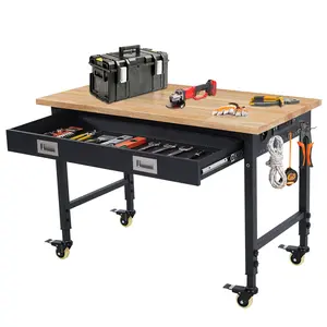 60"x22" Heavy-Duty Adjustable Workbench – 2000-lb Capacity, Rubberwood Top, Built-In ETL-Certified Charging Station, Lockable Wheels, 4 Hooks, Black