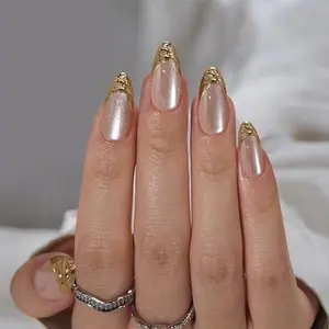 BTArtbox Press On Nails Almond - French Tip Press On Nails with 3D Sculpting Metallic Design, Medium Glue On Nails in 15 Sizes, Steelheart