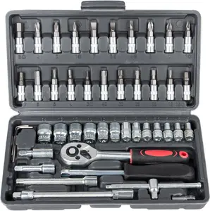 46 Pieces Mechanic Tool Kit,1/4” Dr. Socket Ratchet Wrench Set Bit Sockets Extension Bar,Metric Mechanical Tool Kit for Auto Repairing Household