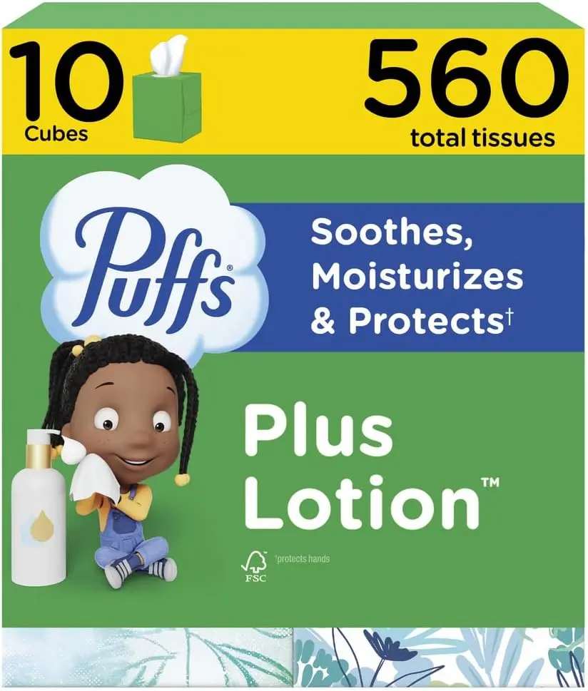 Puffs Plus Lotion Facial Tissues, 10 Cube Boxes, 56 Tissues per Box, Soft & Moisturizing for Allergies & Colds