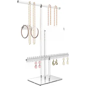 Premium Jewelry Stand, Earring Holder, Necklace Holder Stand, Clear 3-Tier Acrylic Large Storage Jewelry Organizer Stand & Bracelet/Bangles Stand, 48 Earring Holes Display Stands Boxes Mother Transparent Gifts