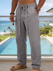 Men's Multicolor Breathable Linen Straight Leg Pants, Drawstring Waist + Belt Design, Textured, Beach Vacation/daily Casual Pants
