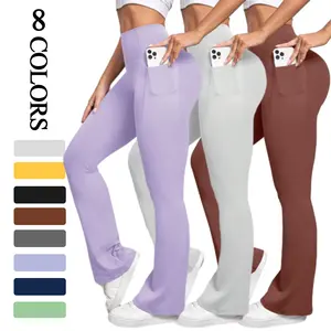 Women's High-Waist Ribbed Flare Leggings - Super Stretchy, Butt Lifting, Comfortable Yoga & Running Pants with Pocket,Machine Washable, All-Season Activewear, Athletic Wear, Flattering Silhouette, Nontransparent Material, Stretchy Fabric