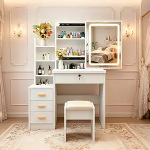 Modern White Makeup Vanity Desk with Smart LED Lights Mirror, Charging Station, 4 Drawers, Hairdryer Rack and Makeup Stool - Compact Indoor Furniture for Girls' Bedrooms, Mother's Day Gift tiktokshopspringglowup