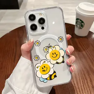 Cute Floral Bee Pattern Clear Wireless Charging Protection Shockproof Slim Magnetic Phone Case For iPhone 16 15 15Pro Max 14 14Pro 13 12 11 X 16promax