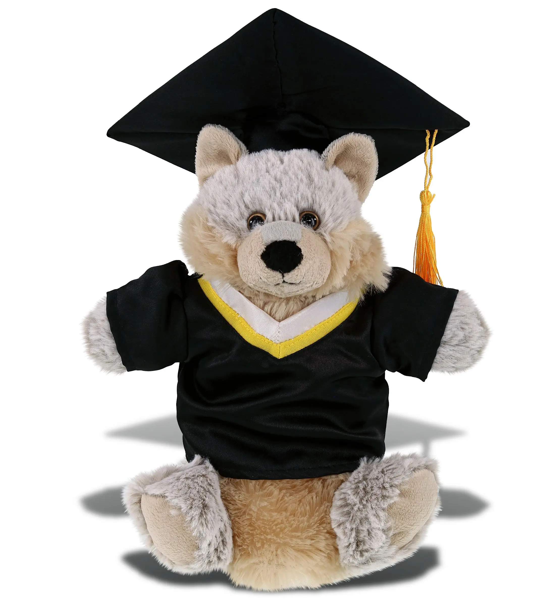 DolliBu Graduation Wolf Plush Toy Hand Puppet - 6.5in L x 4in W x 9.5in H, 1 Black Cap & Gown, Personalized Customization Options, Dry Graduation Present