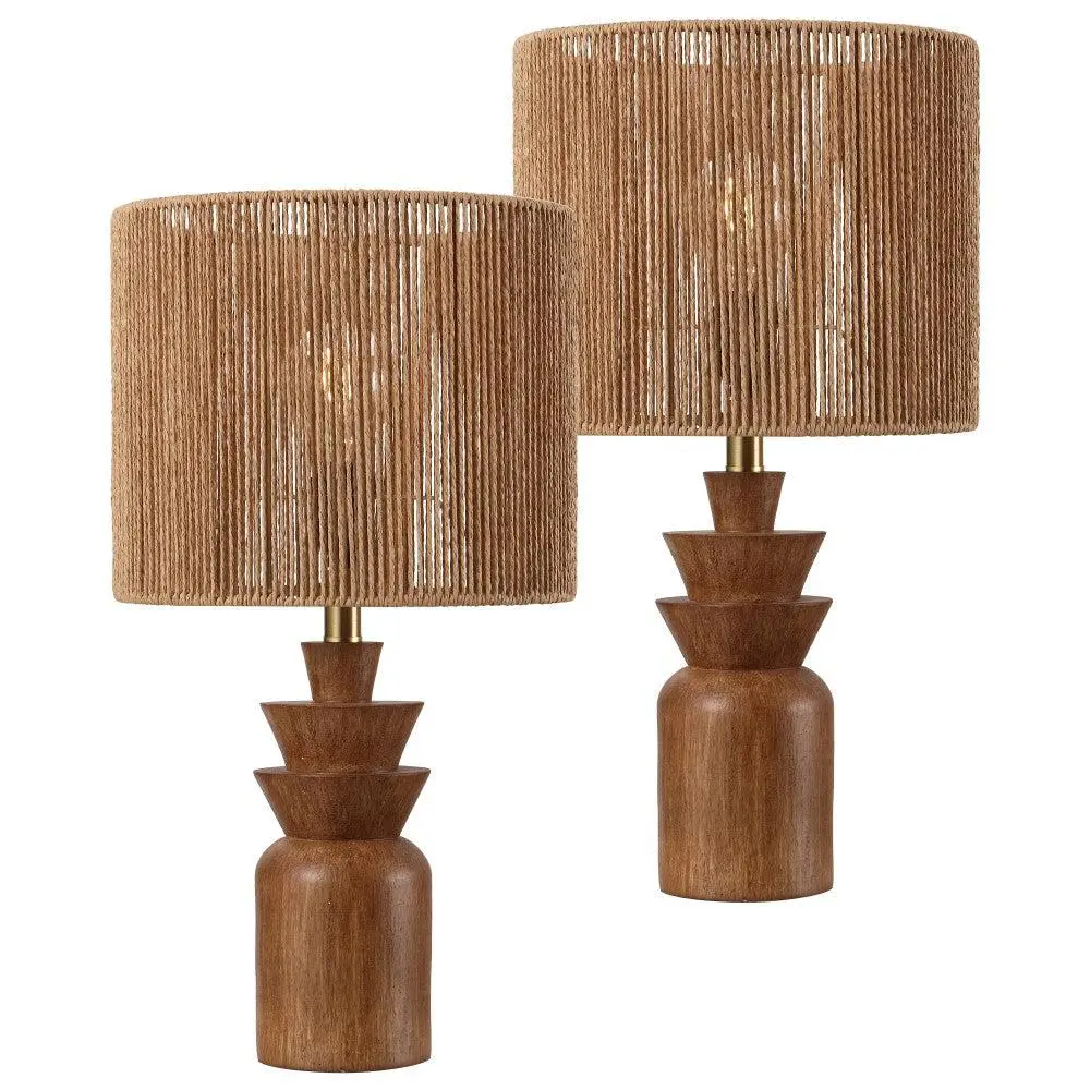 Anderson 22" Bohemian Coastal Tiered Totem LED Table Lamp with Resin Base, Hand-Woven Paper Rope Drum Shade for Home Decor, Ambient Lighting, Aesthetic Room Decor