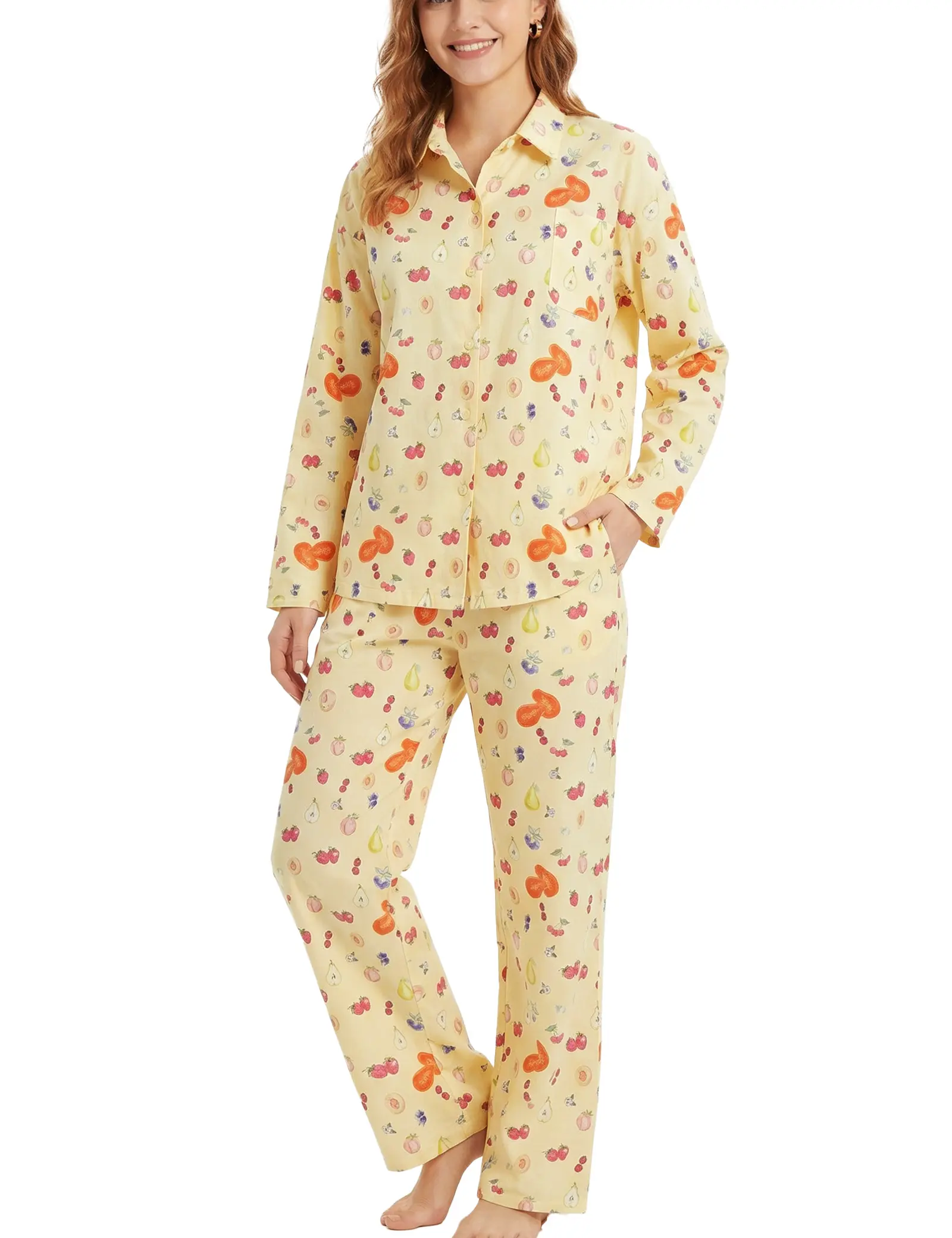 Womens 2 Piece Fruit Floral Pajamas Button Down Pajama Sets Cute Long Sleeve Wide Leg Soft Pjs Loungewear