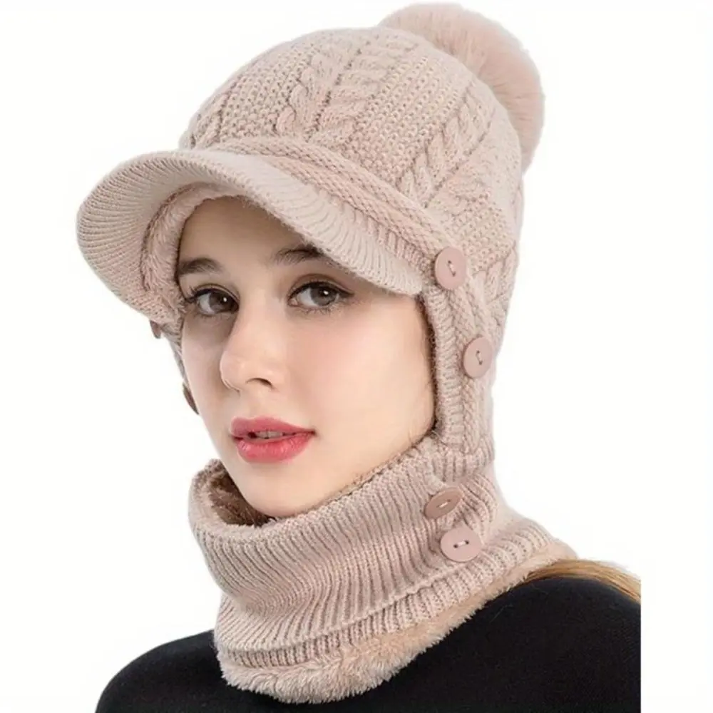 Women's 3-in-1 Winter Beanie, Slouchy Cable Knit Hat Scarf Mask Combo with Thick Fleece Lining for Ski, Masks & Accessories