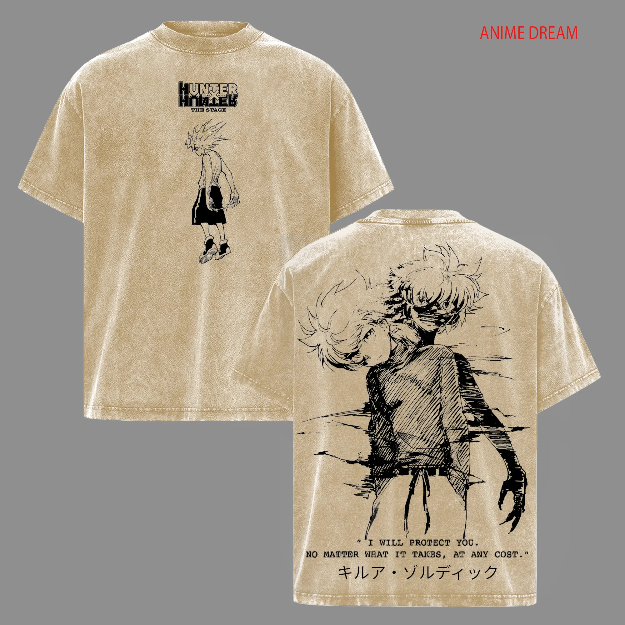 Killua Zoldyck HxH Anime Double Printed Vintage Washed Tee Unisex Oversize Anime Manga Washed Heavyweight Cotton T-shirt