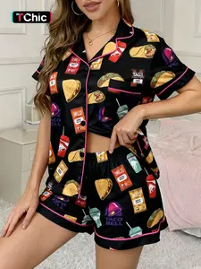 Women's 2-Piece Full-Body Snack & Beverage Print Sleepwear Set (Short Sleeve & Shorts) - Soft Comfort Top with Small Pockets, Turned-Down Collar, Button Closure, Elasticated Waistband, Suitable for Year-Round Home Wear - Button Front Shorts Pj Set
