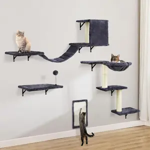 Cat Wall Shelves, Multi-Level Cat Climbing Furniture, Space-Saving Wall-Mounted Cat Climber Set with Perches,Bridge,Hammock,Scratching Board & Ball for Indoor Cat Play (Dark Grey) : Pet Supplies