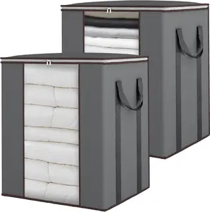 Pack of 2 120L Extra Large Blanket Storage Bags, Comforter Storage Bags with Reinforced Handles Breathable Clothes Storage Containers for King Comforter Bedding Pillow Sheet (Grey)