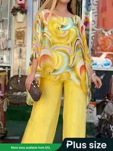 Women's Plus Size Colorful Print Casual Long Sleeve Round Neck Top and Solid Pants Set, Comfortable Fall & Winter, Womenswear