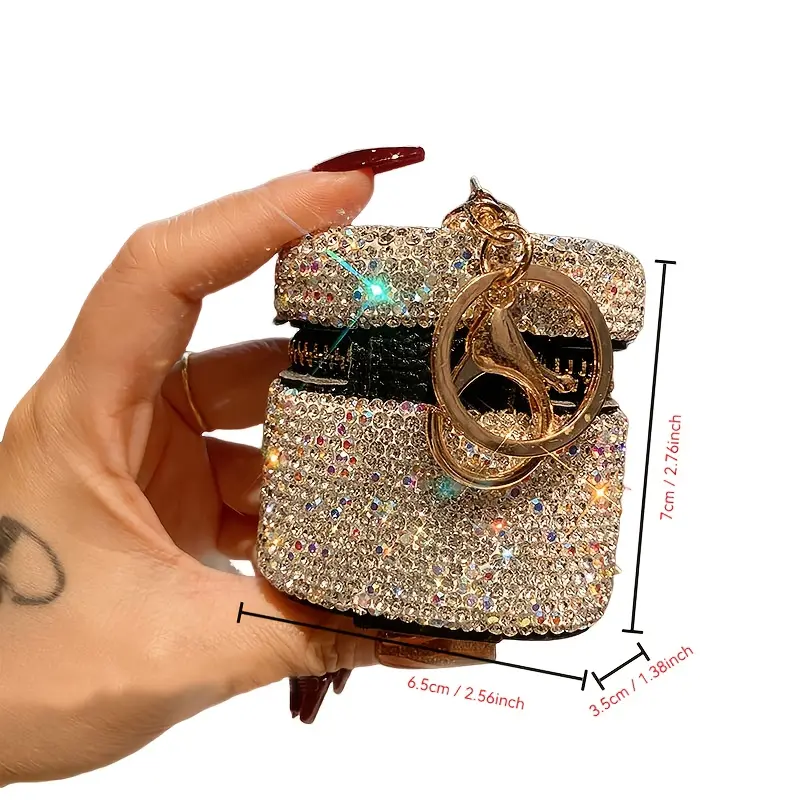 Shiny rhinestone mini bag pendant with gold hardware and white glitter design - synthetic synthetic headphones jewelry storage box for women, fashion accessories, zipper closure, mixed colors, small crossbody bag, fashion accessories, durable zipper closu