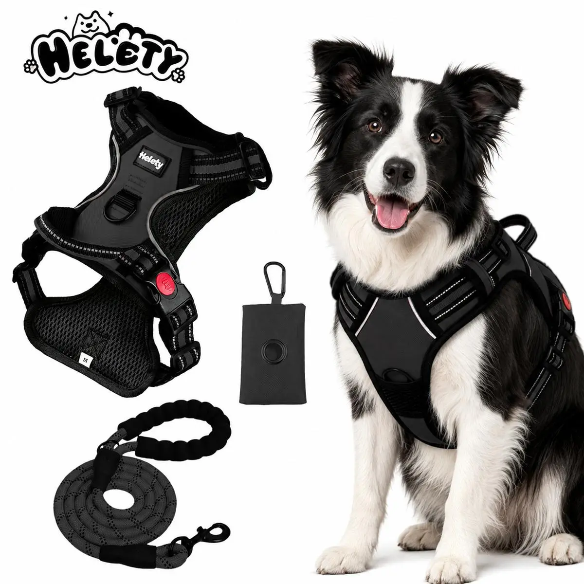 HELETY 3-in-1 Adjustable Dog Harness Set with 59-Inch  & Poop Bag Holder, Secure-Fit Breathable Reflective Vest Harness for Small, Medium & Large Dogs, Walking Bundle  Combo  Set pink Christmas Pet Bow Tie Collars safe Santa Print Soft cute leather leash