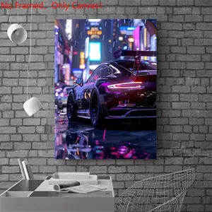 1 Piece/Set frameless canvas painting print poster,Artistic Luxury sports car art ，Sleek Car in Rainy Cityscape， a perfect gift for cars loves, ideal gift for bedroom, living room, dorm hallway, kitchen, mural, wall decoration, room decor