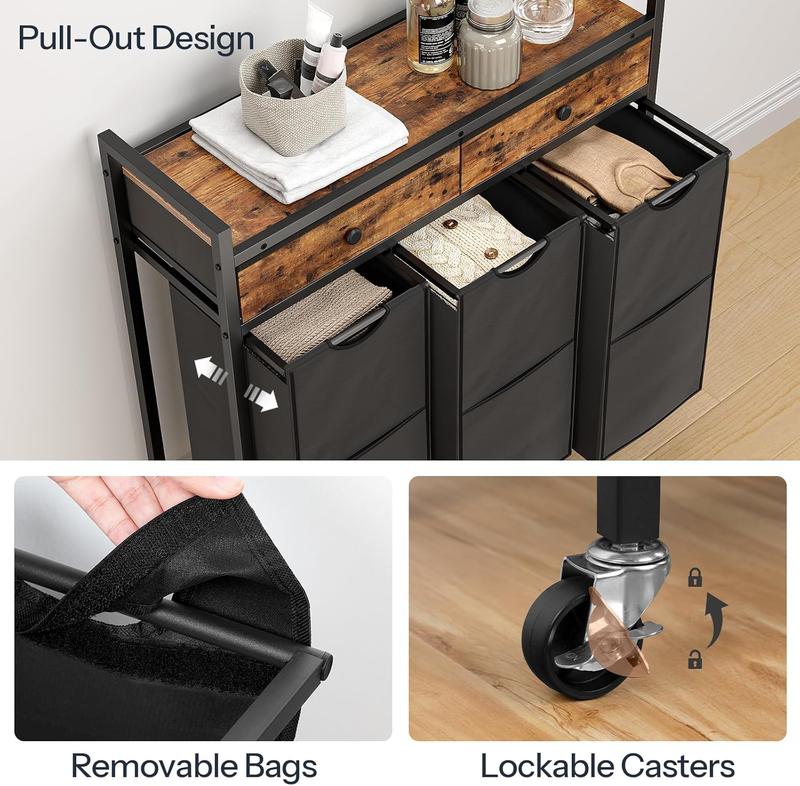 Laundry Sorter 3 Section, 130L Laundry Hamper with 2 Drawers, Rolling Laundry Basket, Pull-Out and Removable Laundry Bags for Laundry Room Organization, Rustic Brown and Black BF78XY01