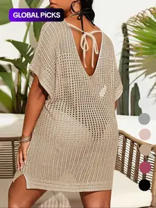 【Plus Size】 Plain Knit Dress, Plus Size Women's Crochet Swimwear Cover Up Dress, Women's Plus Clothing for Beach Holiday Vacation