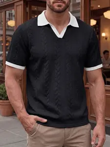 Men's white jacquard knitted texture Polo shirt, featuring a trendy contrasting black collar and cuffs, V-neck short-sleeved Fitted casual top, suitable for daily casual wear