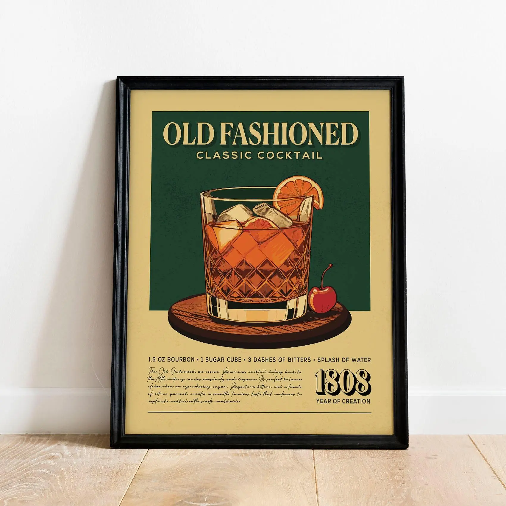 Old Fashioned Classic Cocktail Canvas Wall Art - Cherry Farmhouse Artistic Artwork, Vintage Bar Drink Recipe Print, Mid-Century Kitchen Bar Cart Decoration, Unframed Canvas Poster (Frame Not Included) wall decor posters