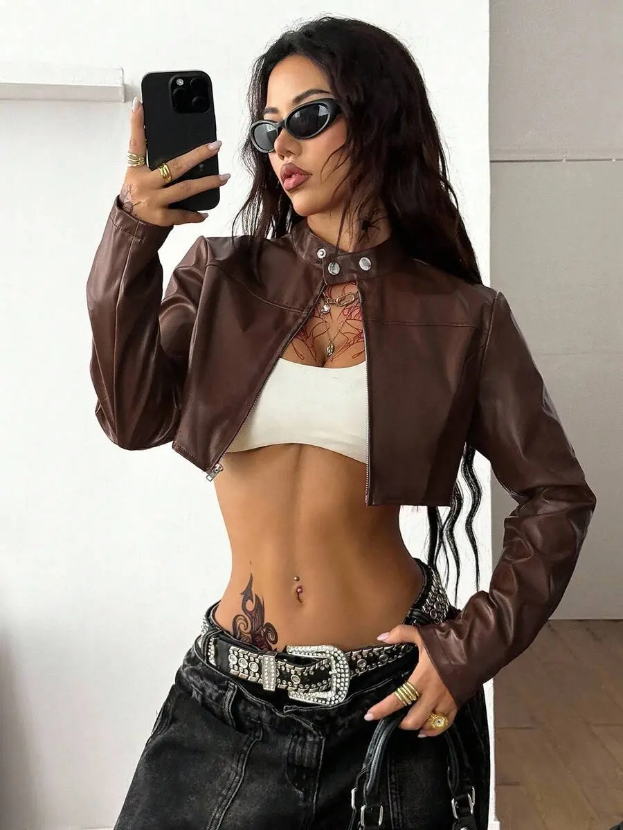 Women's Winter Streetwear Rave Hippie Athleisure Y2K Basic Leather Comfortable Zip Up Slim Fit Brown Crop Long Sleeve Jacket