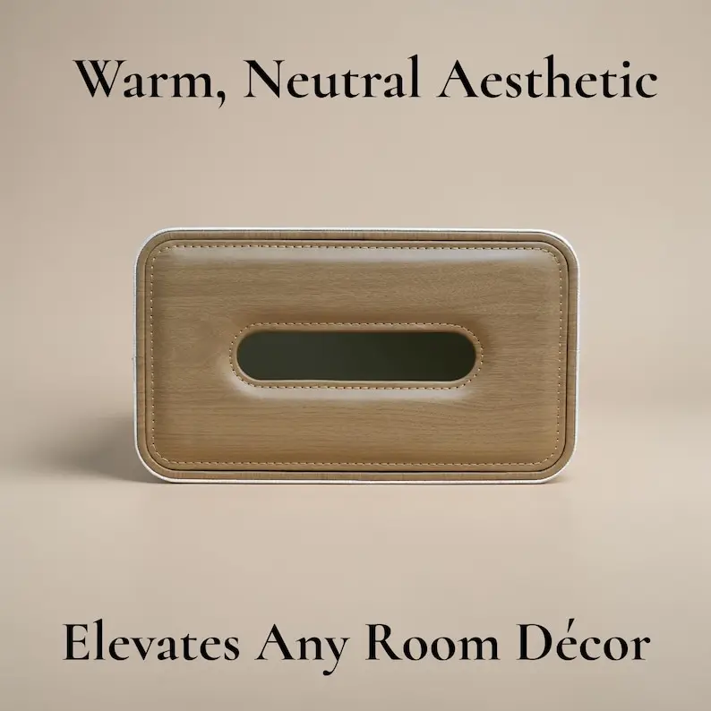 Rectangular Tissue Box Cover – PU Leather Linen Beige Crosshatch Gray with Oak Wood Top