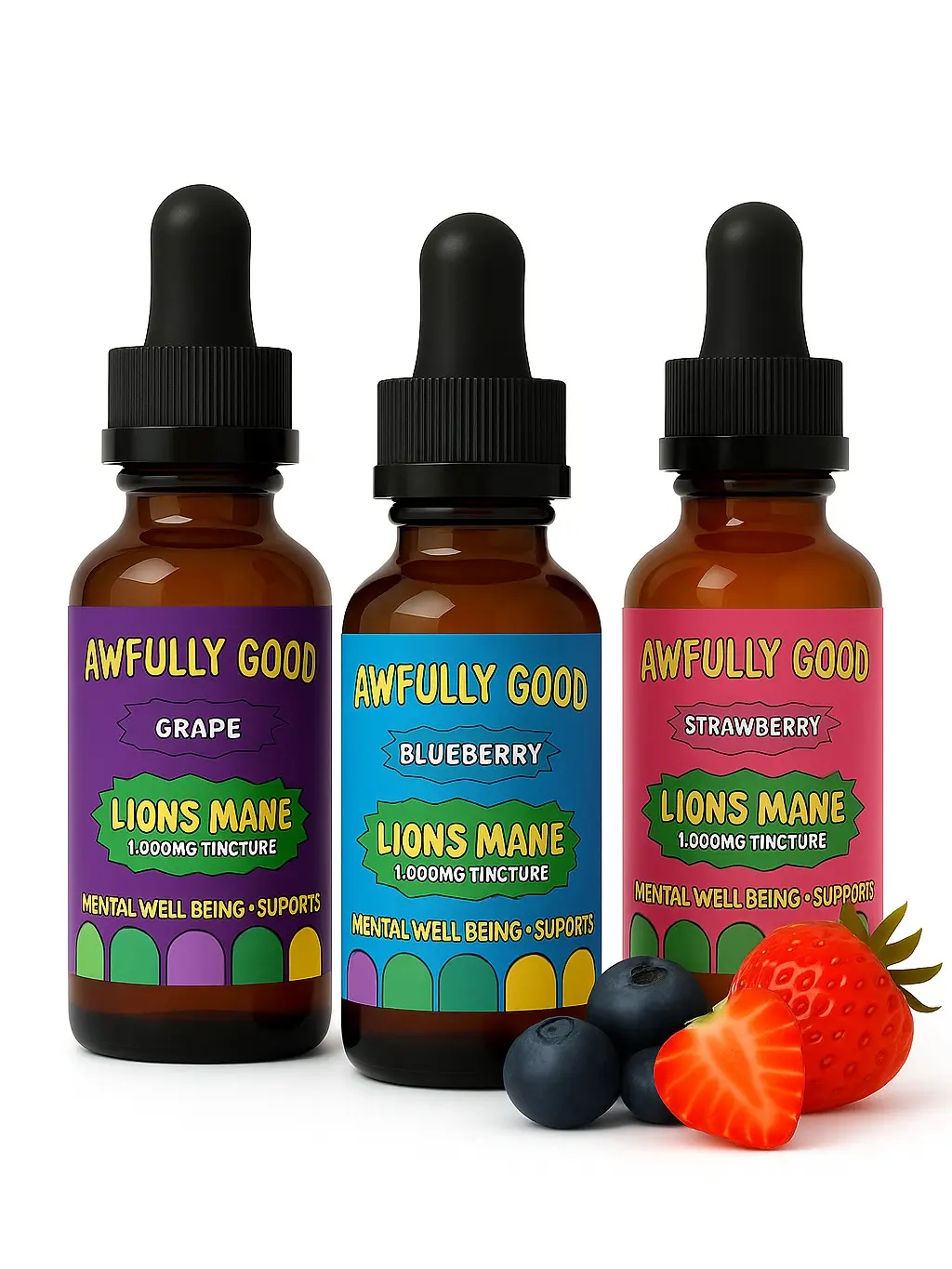 Flavored Lion's Mane Tinctures - 3-Pack Edible Natural Healthcare Herbal Dietary Supplements