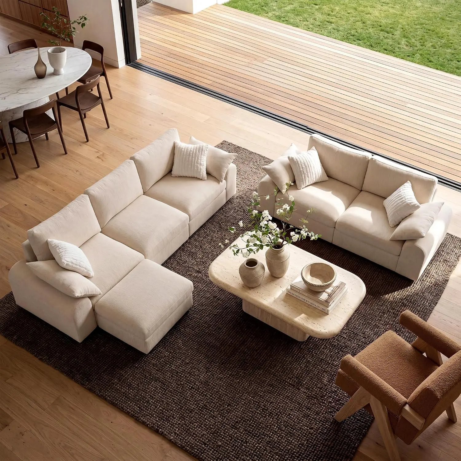 [4 Packages Shipping]ModernMate 2 Pieces Sofa Couch Set, Cozy 114.1" 3-Seater Sofa and 82.6" Loveseat, Sectional Couches with Storage Ottoman, Modular Couches with Removable Chenille Cover, OEKO-TEX Fabric, Tool-Free Assembly, Beige